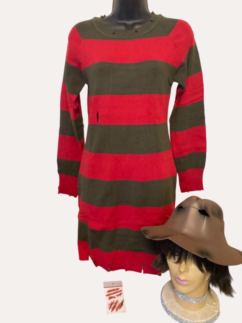 Women's Killer Costume Red Scary Striped Dress Long Sleeve Knitted Sweater - XL